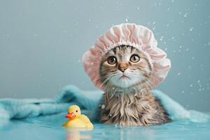 tabby cat in pink shower cap sitting in bathtub with small yellow rubber duck photo