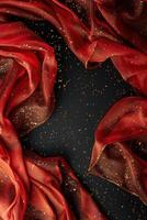 vertical top view image red fabric with gold glitter on black background photo