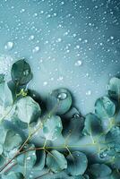 vertical template with wet eucalyptus leaves and water drops on blue background top view with copy space photo