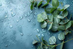 elegant template with eucalyptus branch with leaves on wet blue background top view with copy space photo
