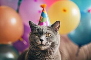 portrait of gray fluffy cat in a festive cap with colorful balloons on the background photo