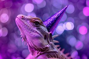 beautiful portrait of lizard in a party hat on a purple bokeh background. Birthday party of celebration concept photo
