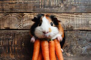 top view of cute fluffy spotted guinea pig with fresh carrots on wooden background photo