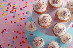 top view tasty sweet cupcakes with cream and colorful sprinkles on tray on pink background with confetti photo