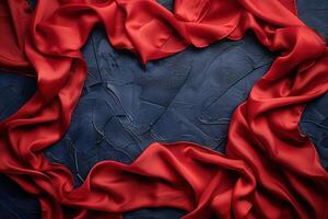 top view red silk fabric textile folded wavy on black concrete background with copy space photo