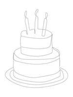 One continuous single drawing line art flat doodle cake with a candle, piece of cake. vector