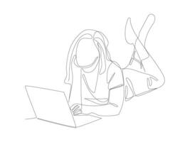 continuous line drawing of woman is playing a laptop, Continuous line draw design graphic illustration. vector