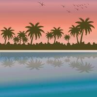 A beautiful sunset over the ocean with a palm tree. vector