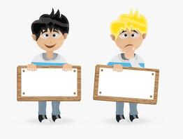 cartoon two young man hold two blank banner with thinking pose vector