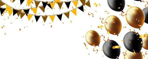 greeting card, happy birthday banner background design with realistic balloon, triangle pennants chain and confetti vector