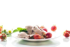 fresh organic cottage cheese with strawberries and ice cream in a plate photo