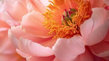 Capture the intricate beauty of peonies in the enchanting Peach Fuzz, the color of the year 2024, through a close-up macro lens. photo