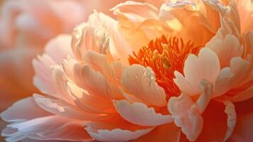 Capture the intricate beauty of peonies in the enchanting Peach Fuzz, the color of the year 2024, through a close-up macro lens. photo