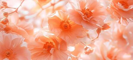 Capture the intricate beauty of peonies in the enchanting Peach Fuzz, the color of the year 2024, through a close-up macro lens. photo