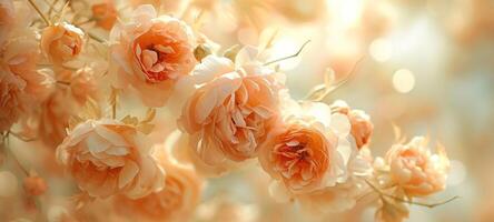 Capture the intricate beauty of peonies in the enchanting Peach Fuzz, the color of the year 2024, through a close-up macro lens. photo