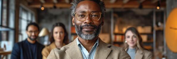portrait of man with glasses looking at screen. diverse and collaborative workplace with employees from various ethnic backgrounds. Showcase a harmonious blend of cultures working together. photo