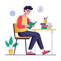 A Boy Student sitting at the table reading a book vector