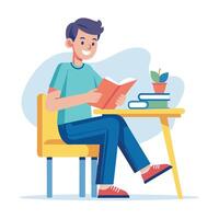 A Boy Student sitting at the table reading a book vector