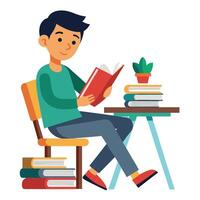 A Boy Student sitting at the table reading a book vector