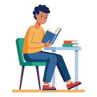 A Boy student sitting at the table reading a book vector