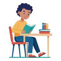 A Boy Student sitting at the table reading a book vector