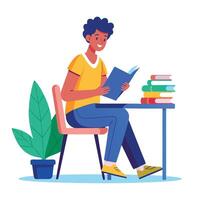 A Boy Student sitting at the table reading a book vector