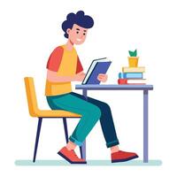 A Boy student sitting at the table reading a book vector