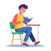 A Boy Student sitting at the table reading a book vector