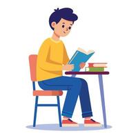 A Boy student sitting at the table reading a book vector