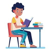 A Boy Student sitting at the table reading a book vector