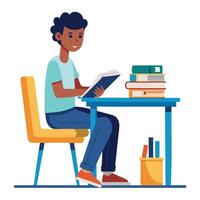 A Boy Student sitting at the table reading a book vector
