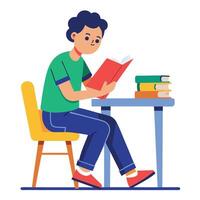 A Boy Student sitting at the table reading a book vector