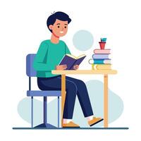 A Boy Student sitting at the table reading a book vector