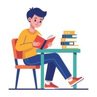 A Boy Student sitting at the table reading a book vector