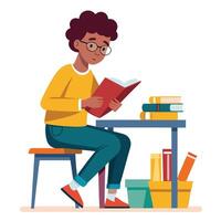 A Boy Student sitting at the table reading a book vector