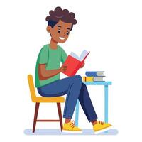 A Boy Student sitting at the table reading a book vector