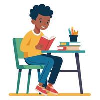 A Boy Student sitting at the table reading a book vector