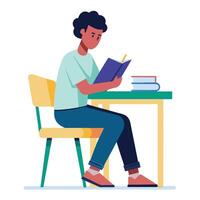 A Boy Student sitting at the table reading a book vector