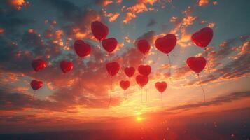 hyper realistic of heart balloons floating in a sunset sky. vibrant color palette, focusing on shades of red and pink. joyful and romantic atmosphere with the balloons gently floating. photo