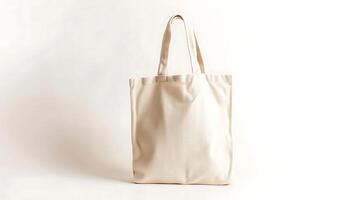 A blank white canvas tote bag with leather handles, isolated on a white background. photo