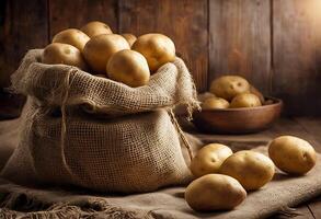 A burlap sack overflowing with potatoes on a rustic wooden table photo