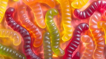 A close-up image of brightly colored gummy worms arranged in a random pattern, showcasing their glossy texture and vibrant hues. photo