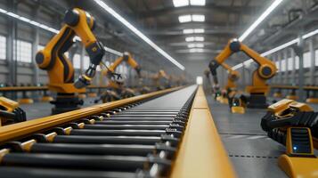 A close-up of a conveyor belt in a factory setting, with robotic arms working in the background. photo