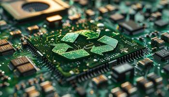 Green technology computer chip recycle sign on circuit generated by AI photo