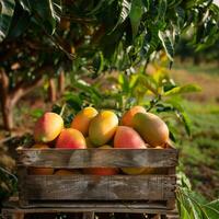 Fresh mangoes in wooden crate with blurry mango trees generated by AI photo