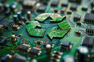 Green technology computer chip recycle sign on circuit generated by AI photo