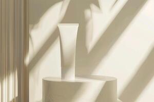 Empty mockup of cosmetic tube on podium generated by AI photo