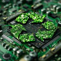 Green technology computer chip recycle sign on circuit generated by AI photo
