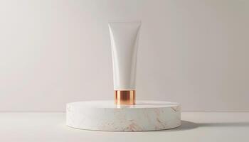 Empty mockup of cosmetic tube on podium generated by AI photo
