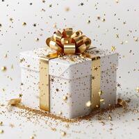 White gift box with golden ribbon with white background generated by AI photo